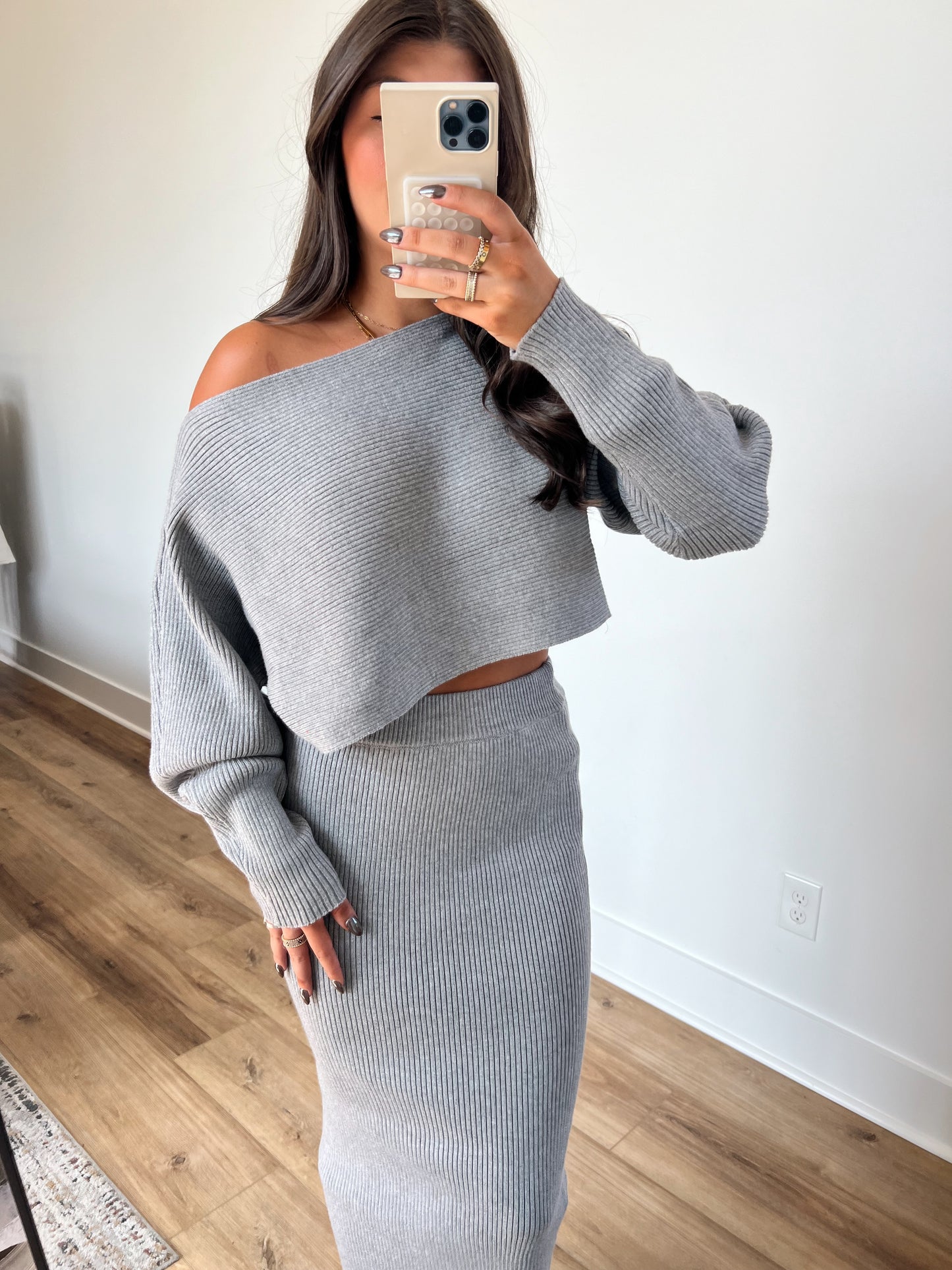 Grey Ribbed Knit Midi Skirt Set (Restock)