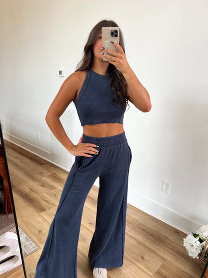 Ribbed Tank Wide Leg Pant Set (Deep Blue)(Restock)