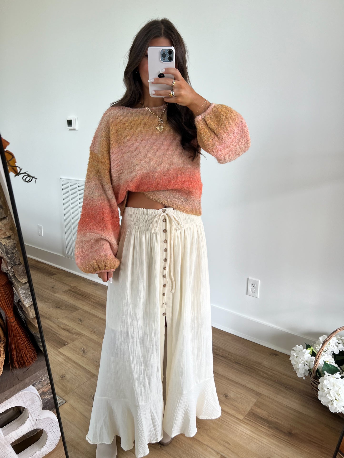 Cream Smocked Front Slit Maxi Skirt