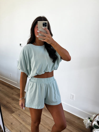 Baby Blue Bubble Crop Top Set