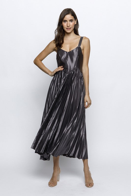 Grey Metallic Pleat Midi Dress