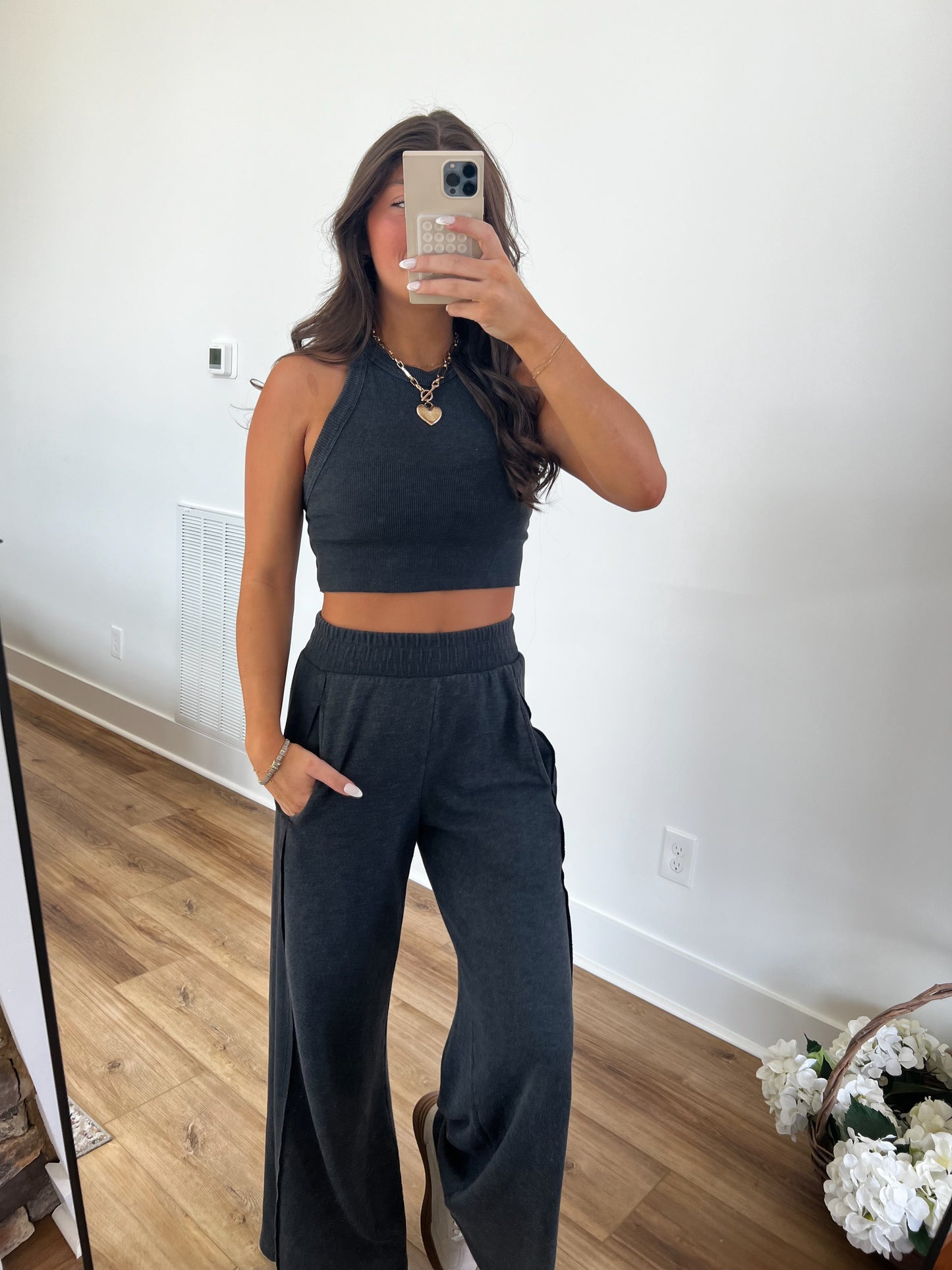 Ribbed Tank Wide Leg Pant Set (Charcoal)