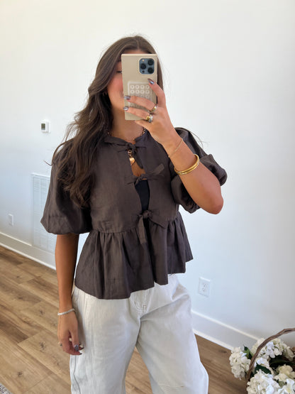 Brown Linen Peplum Top