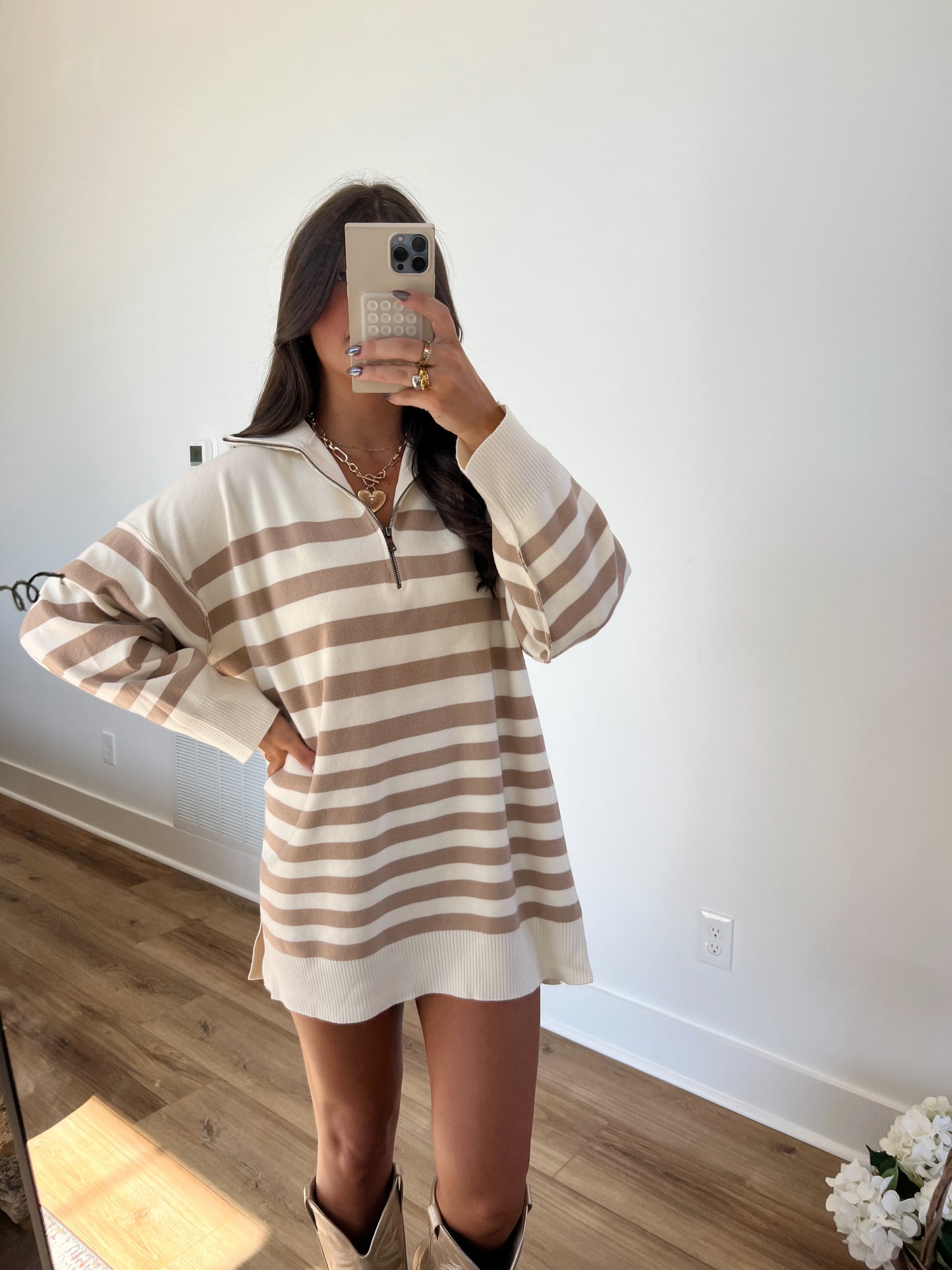 (Cream) Stripe Knit Sweater Dress