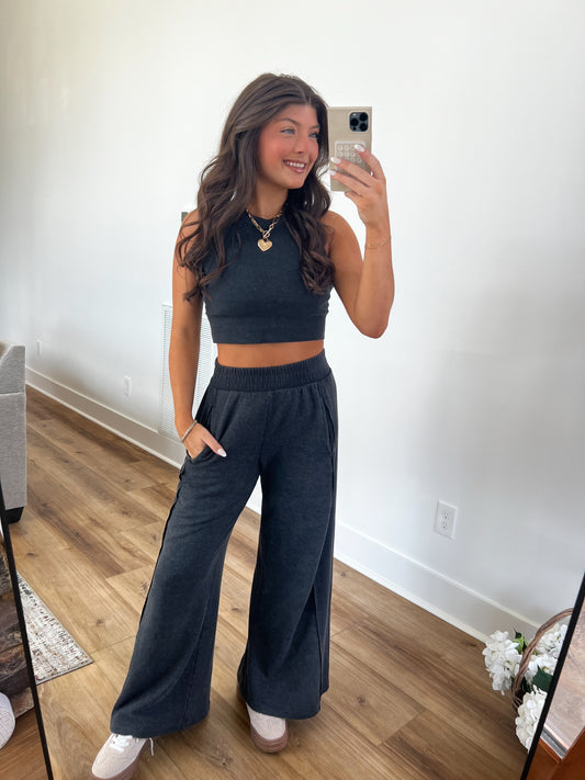 Ribbed Tank Wide Leg Pant Set (Charcoal)