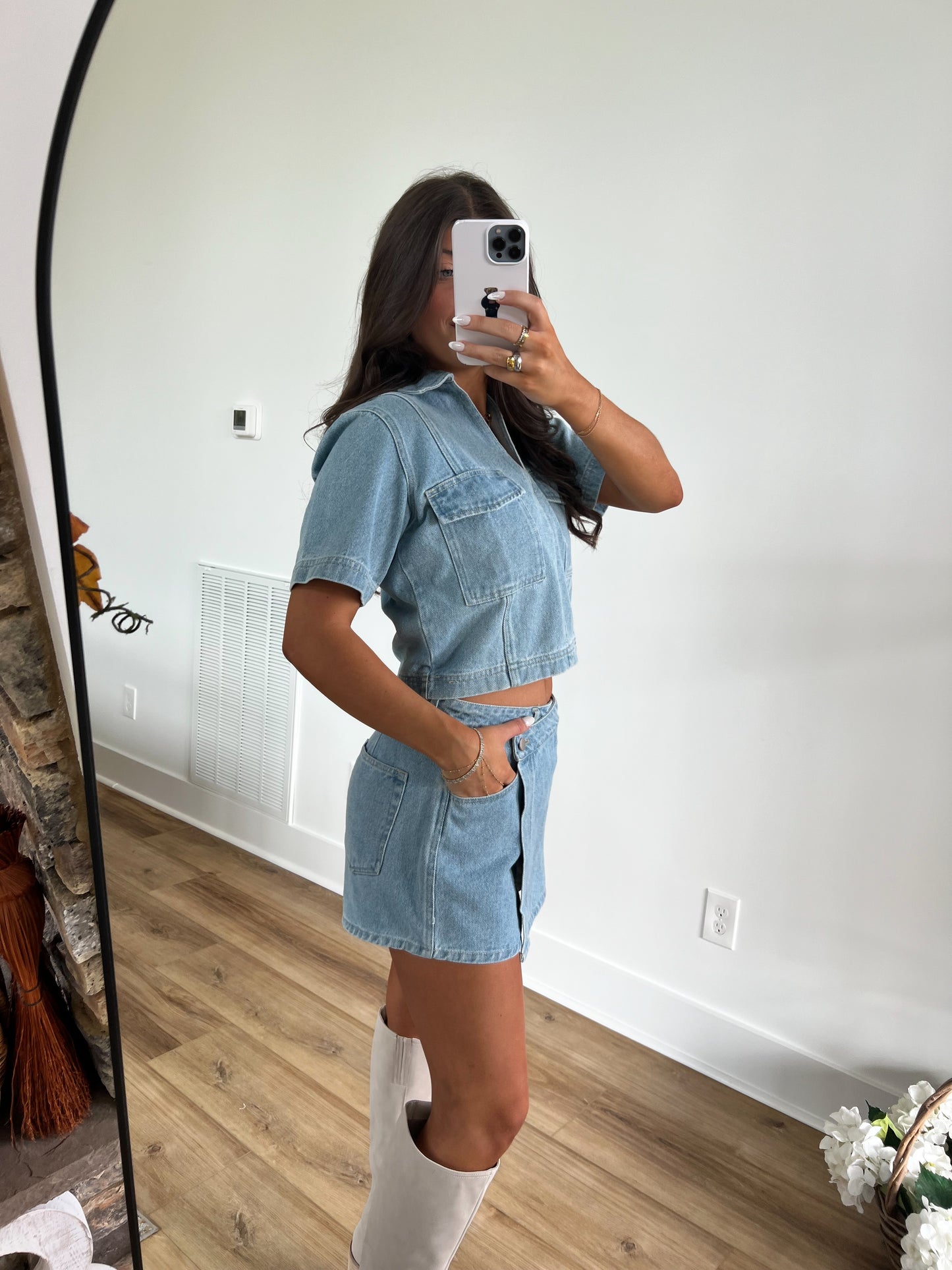 Light Denim Asymmetrical Skort Set