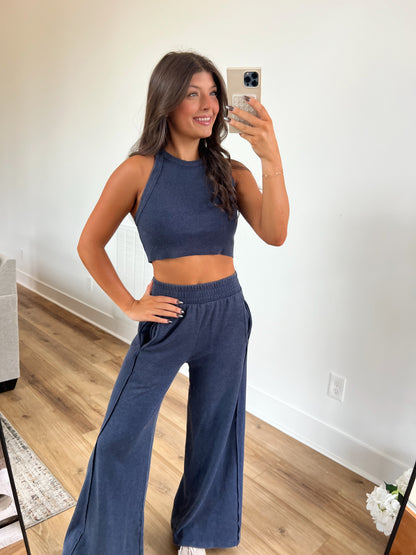 Ribbed Tank Wide Leg Pant Set (Deep Blue)(Restock)