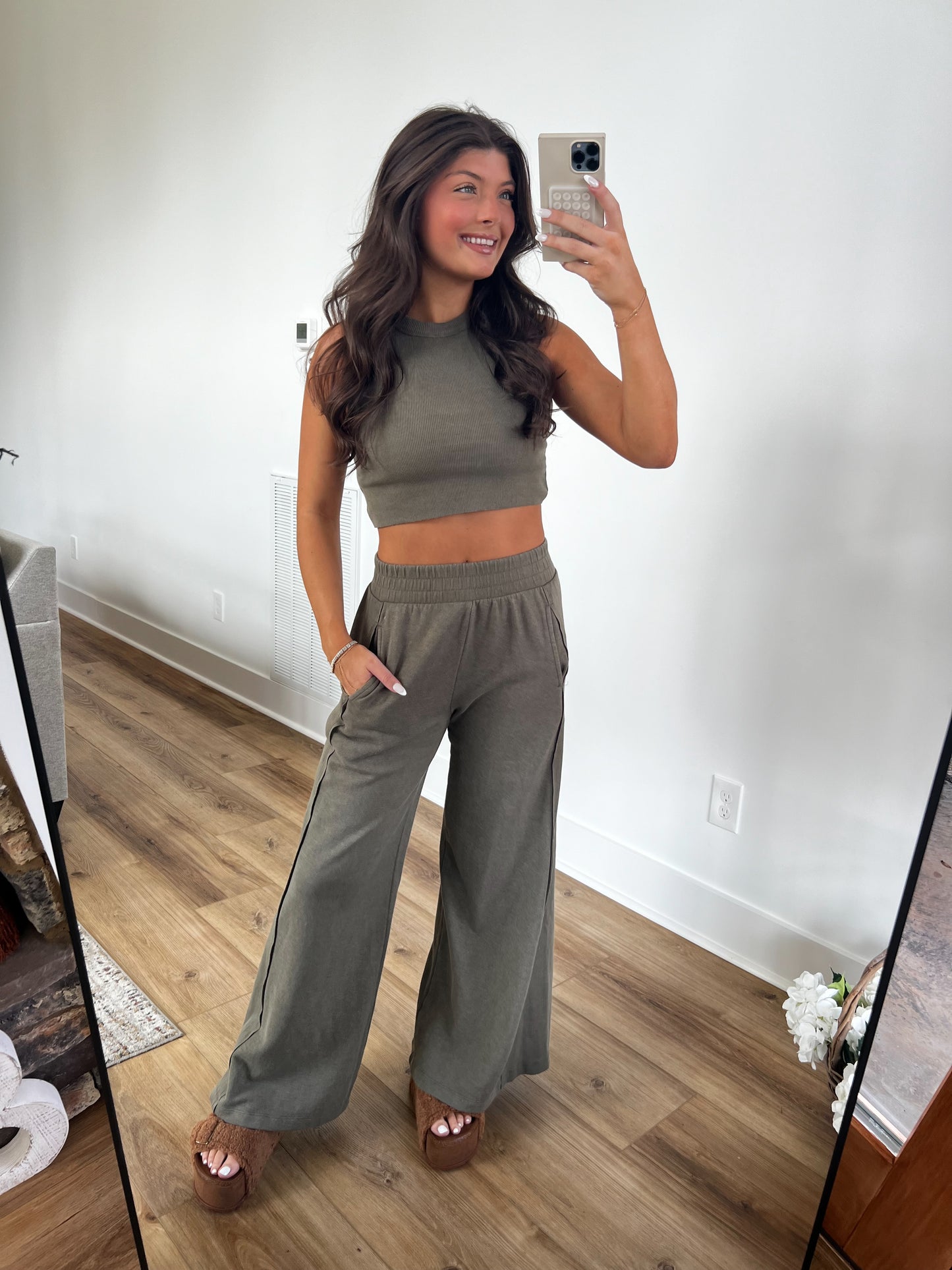 Ribbed Tank Wide Leg Pant Set (Olive)