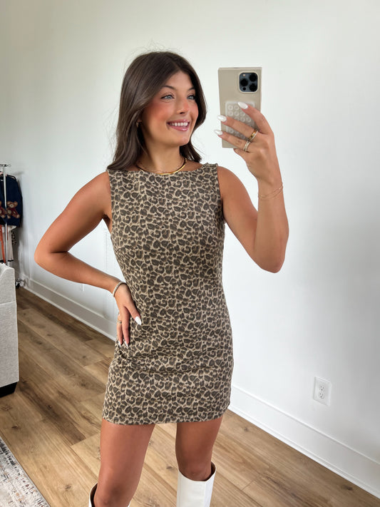 Boat Neck Cheetah Mini Dress (Pre-Order/Restock)