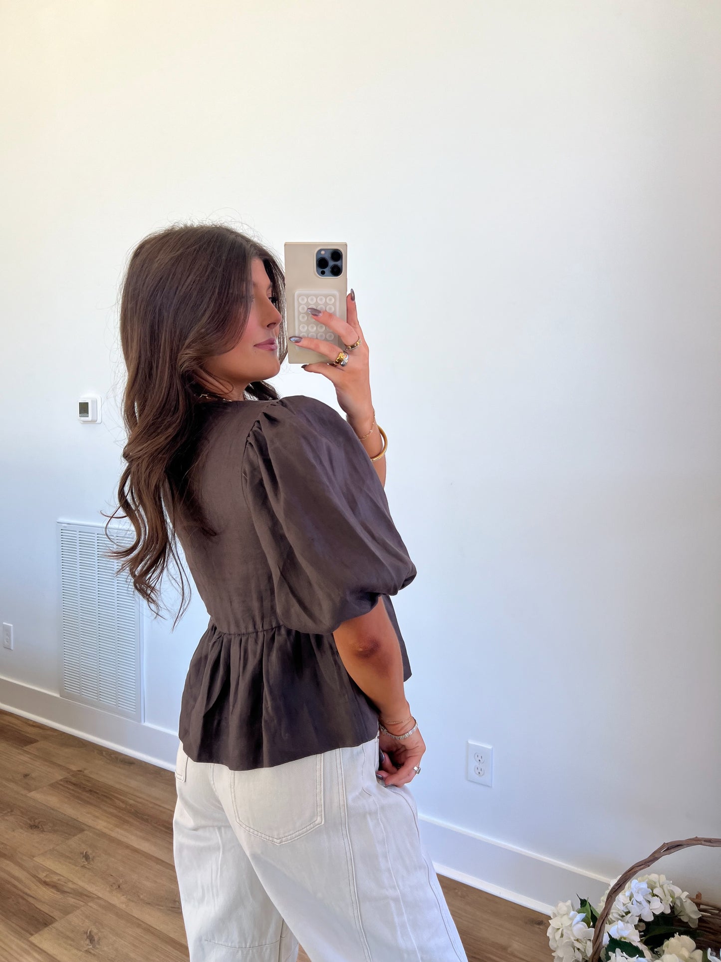 Brown Linen Peplum Top