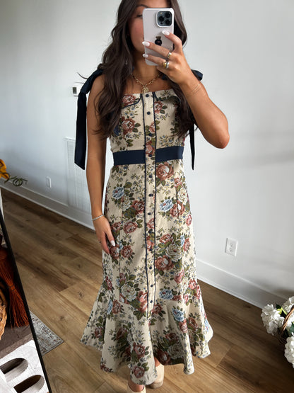 Tapestry Shoulder Tie Midi Dress