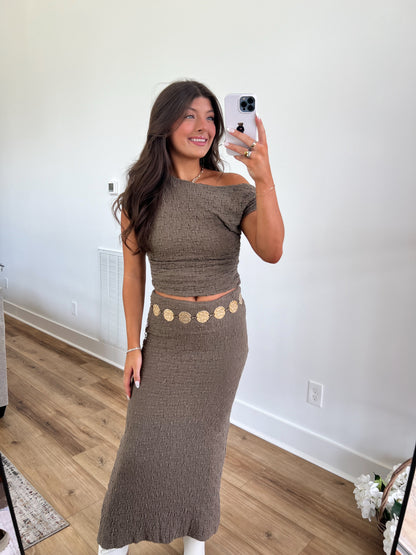 Olive Textured Midi Skirt Set