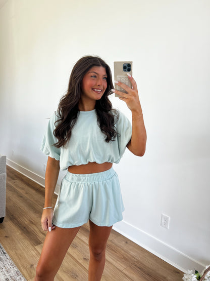 Baby Blue Bubble Crop Top Set