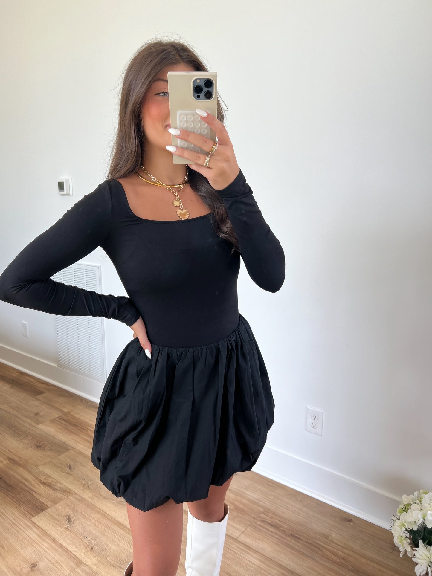 Square Neck Black Bubble Dress (Restock)