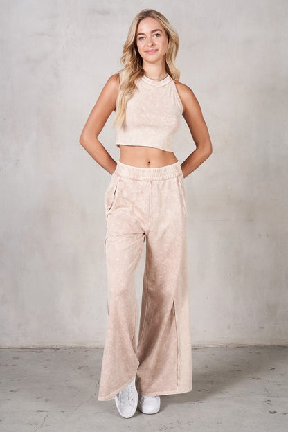 Ribbed Tank Wide Leg Pant Set (Cream)(Restock)