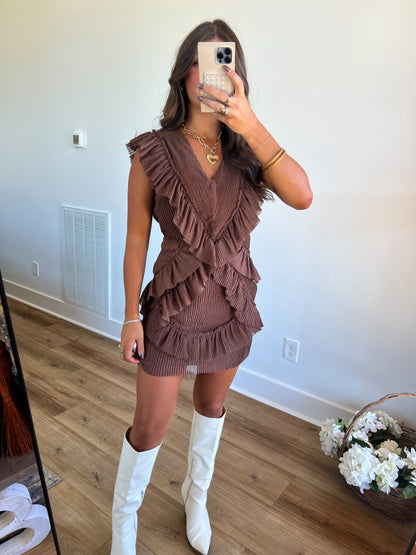 Brown Ruffle Back Cut-Out Mini Dress (Restock)