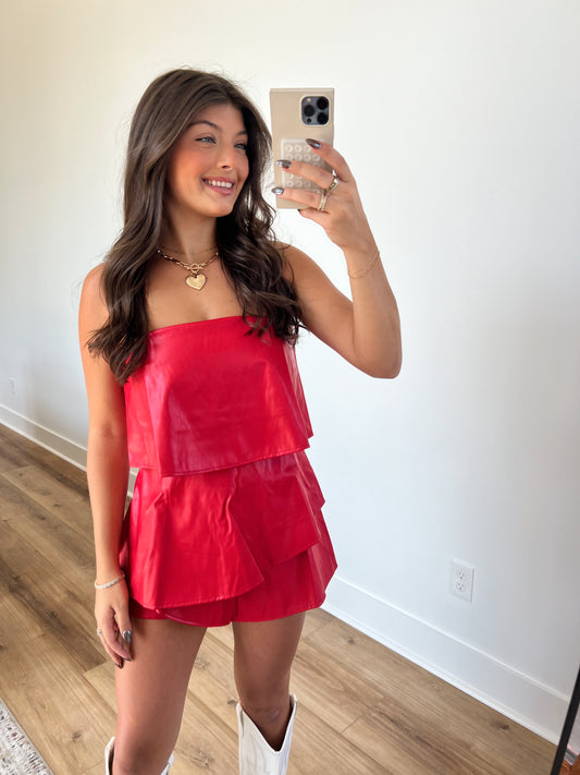 Red Tiered Leather Romper