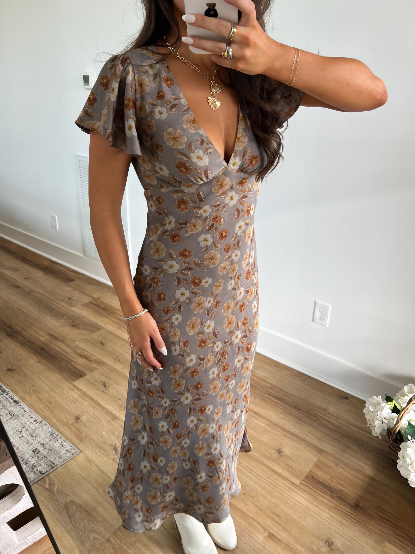 Grey Fall Flower Maxi Dress