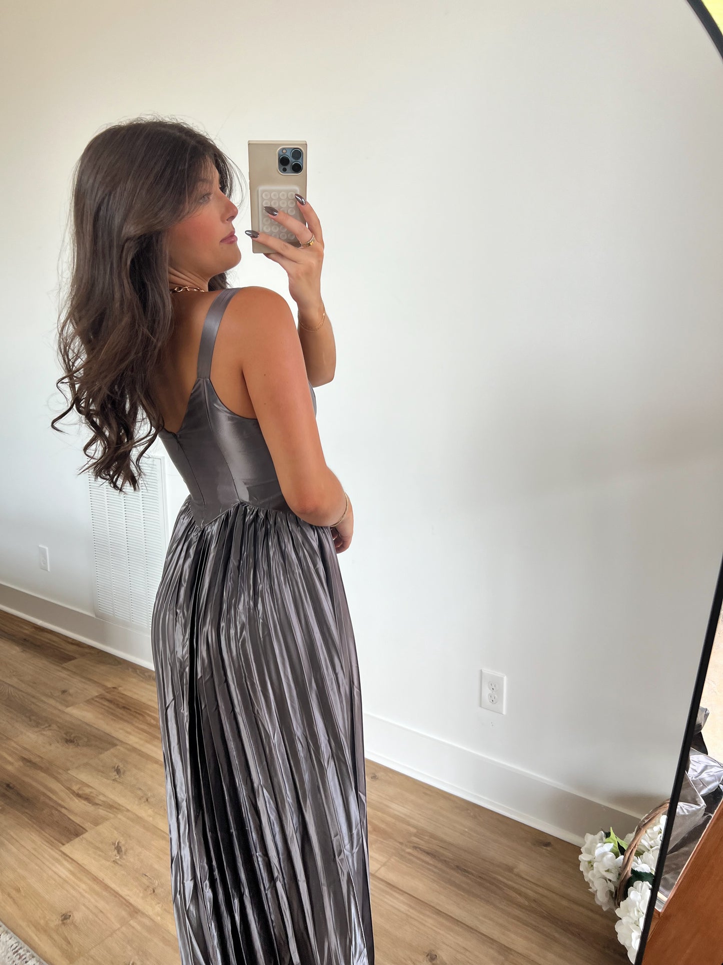 Grey Metallic Pleat Midi Dress