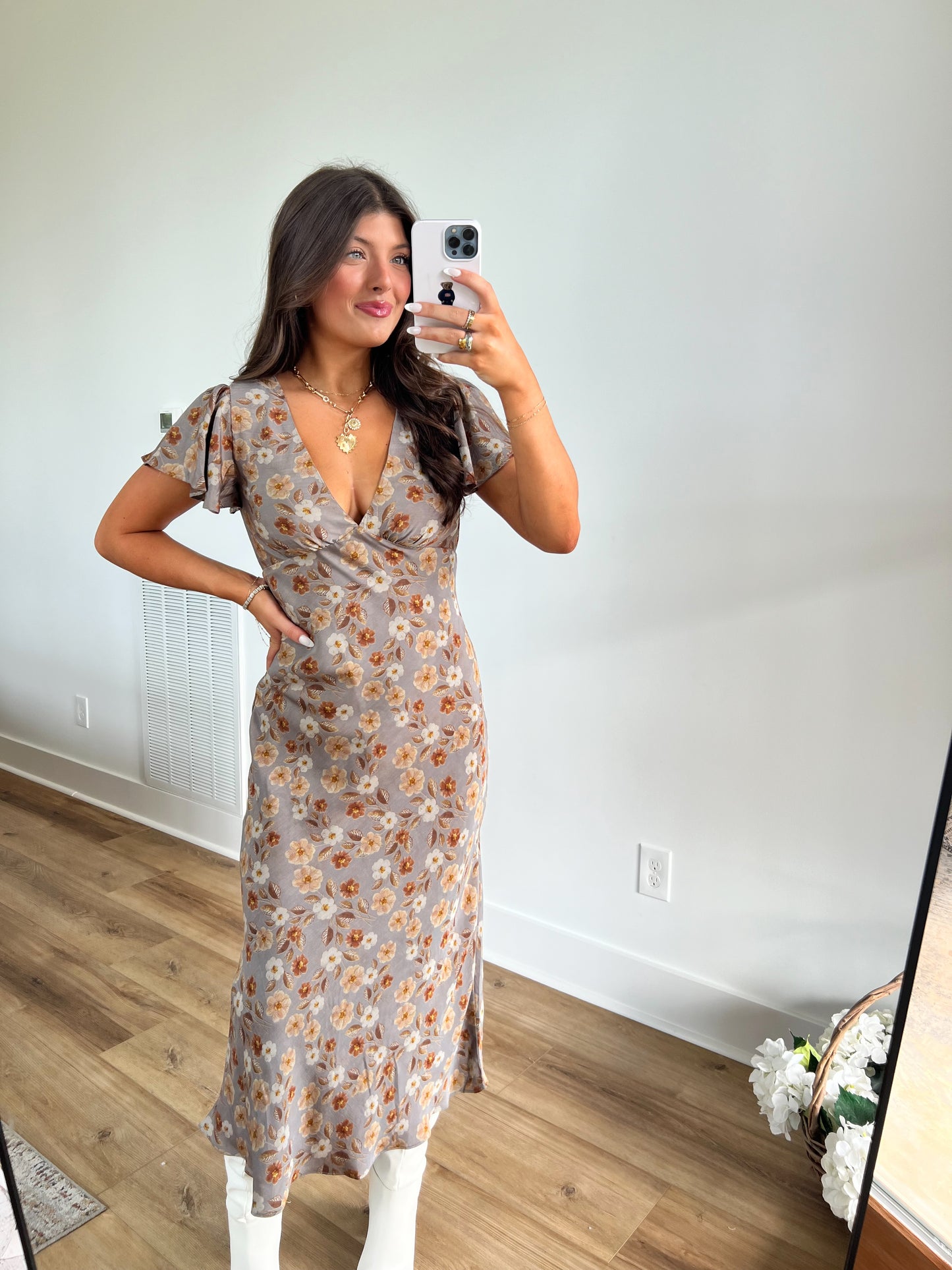 Grey Fall Flower Maxi Dress