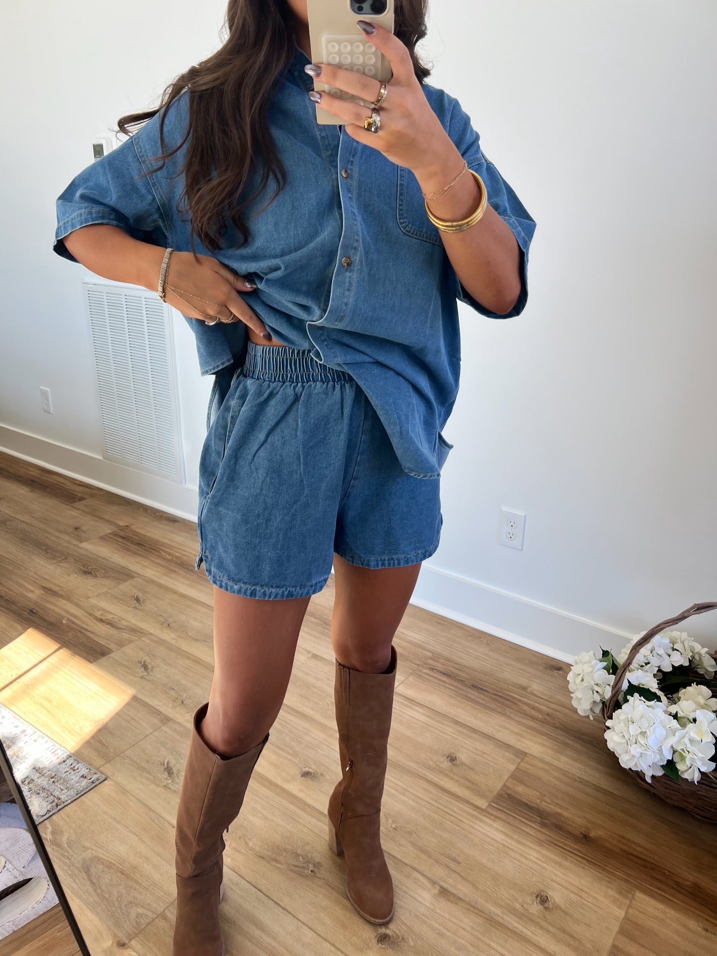 Oversized Button Down Denim Shorts Set (PRE-ORDER/Restock)