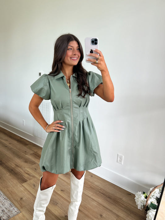 Sage Leather Puff Sleeve Dress