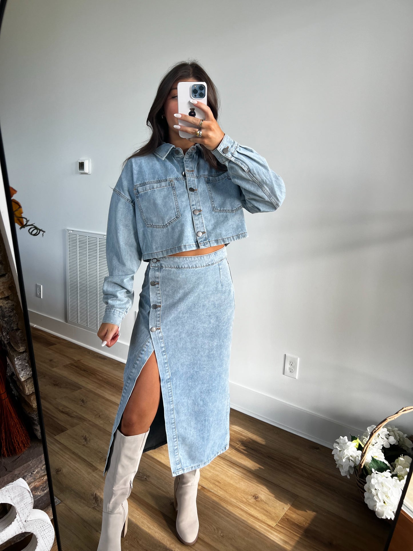 Denim Midi Skirt Set