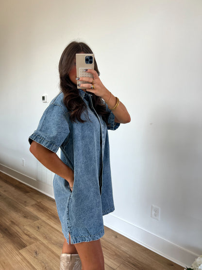 Hidden Button Down Denim T-Shirt Dress