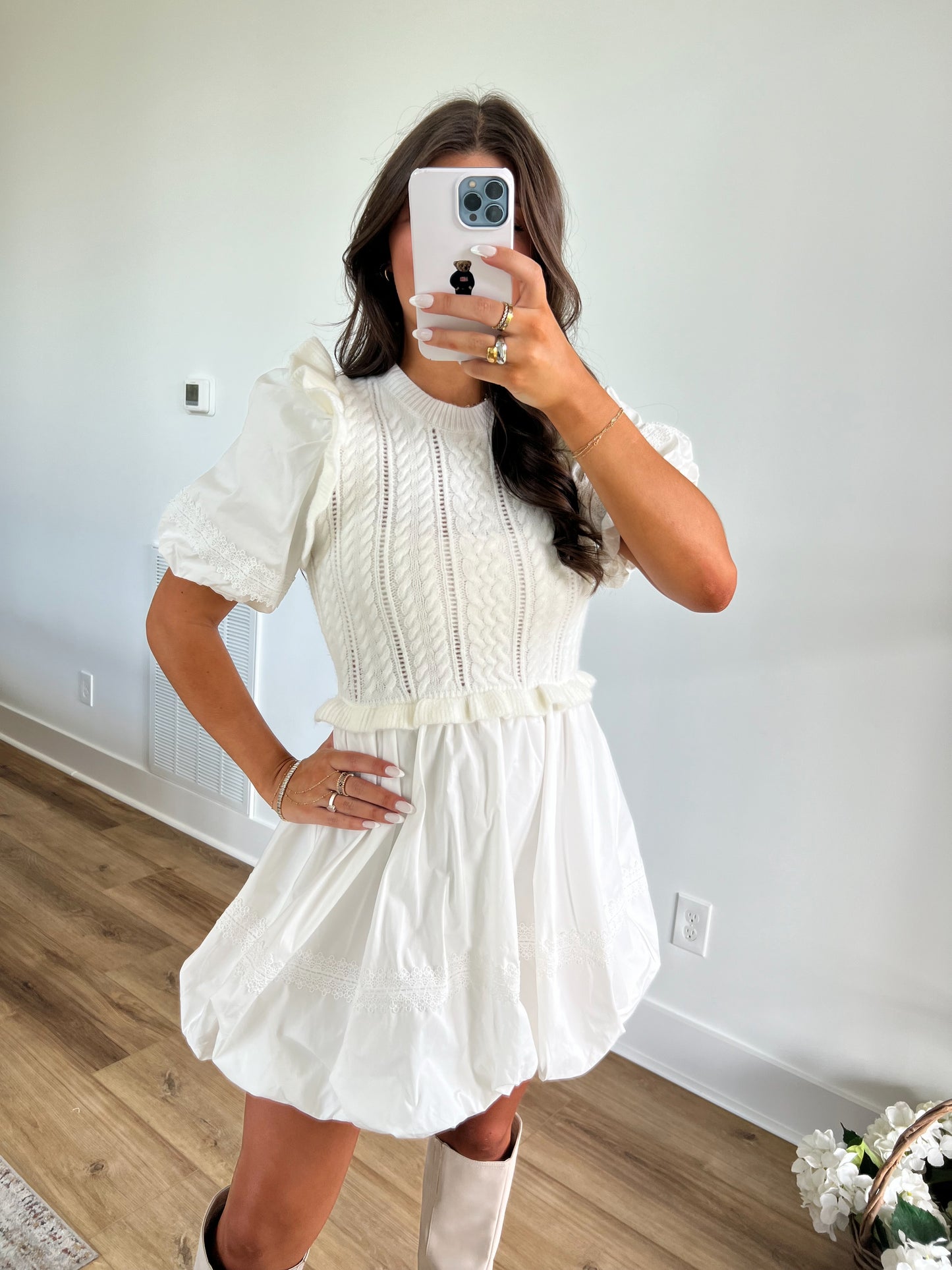 White Sweet Poplin Bubble Hem Mini Dress