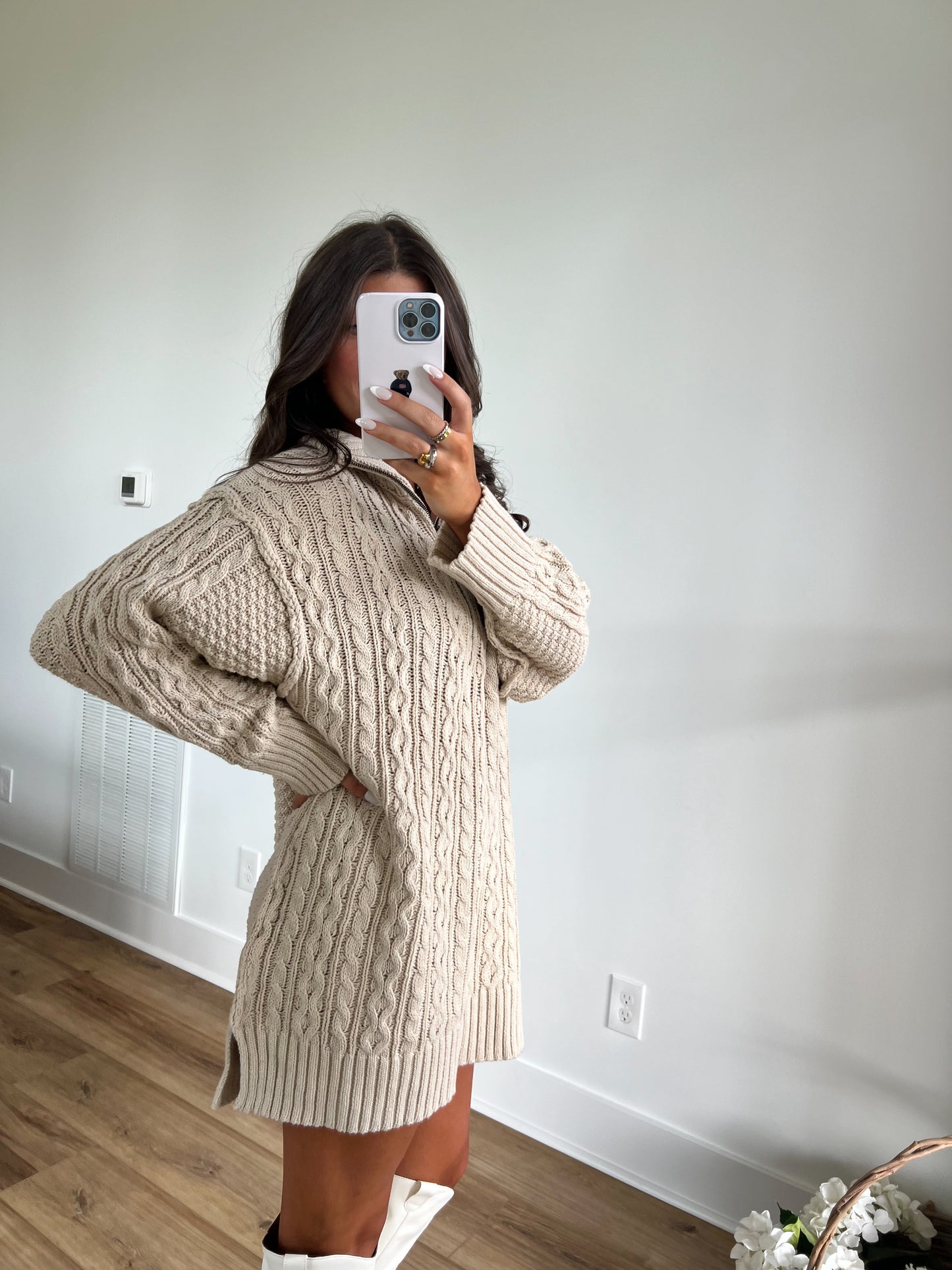 Cream Cable Knit Sweater Dress