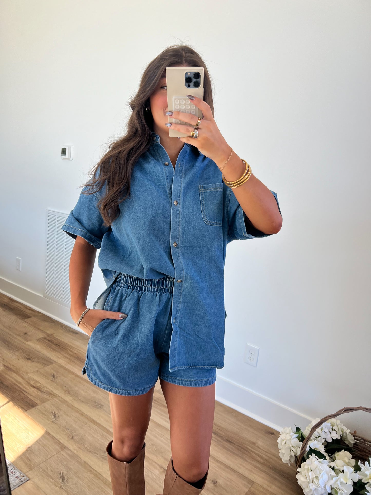 Oversized Button Down Denim Shorts Set (PRE-ORDER/Restock)