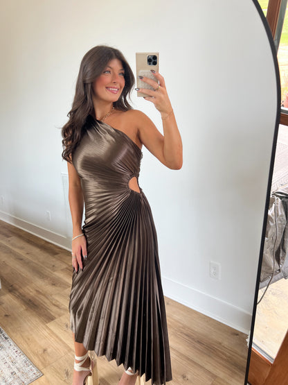 Metallic Pleated Midi Dress