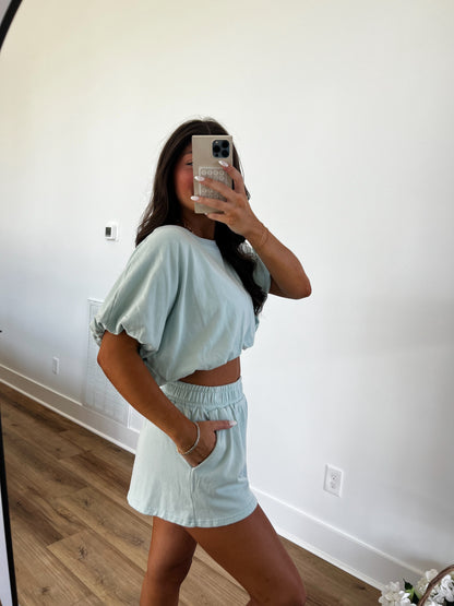 Baby Blue Bubble Crop Top Set