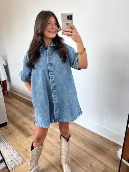 Hidden Button Down Denim T-Shirt Dress