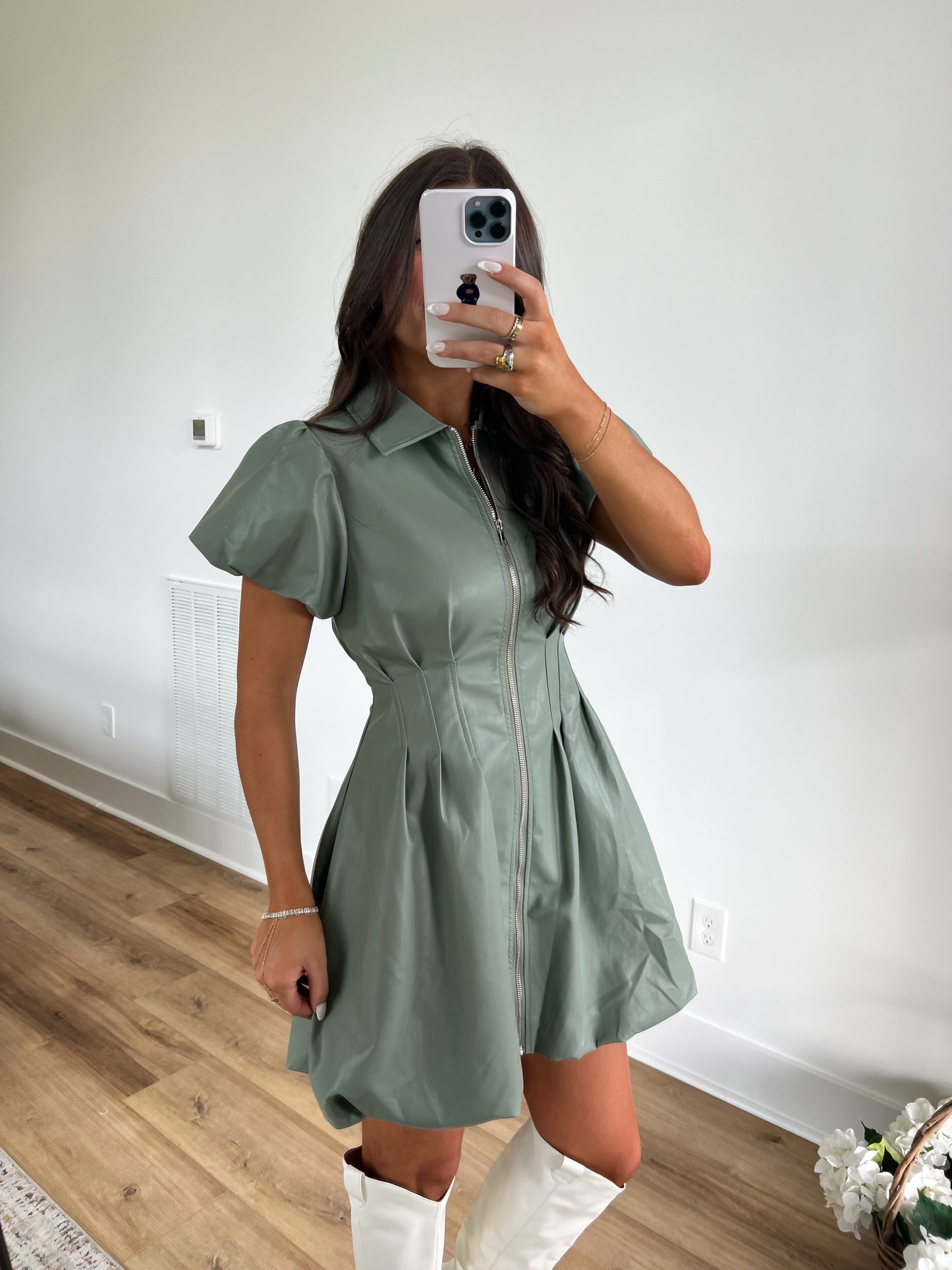 Sage Leather Puff Sleeve Dress