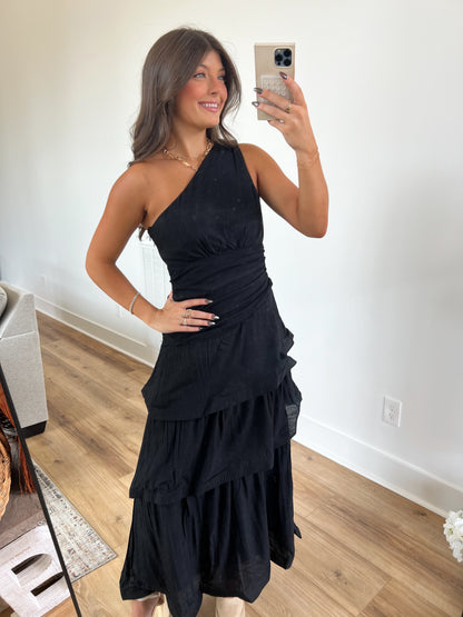 Black One Shoulder Tiered Maxi Dress