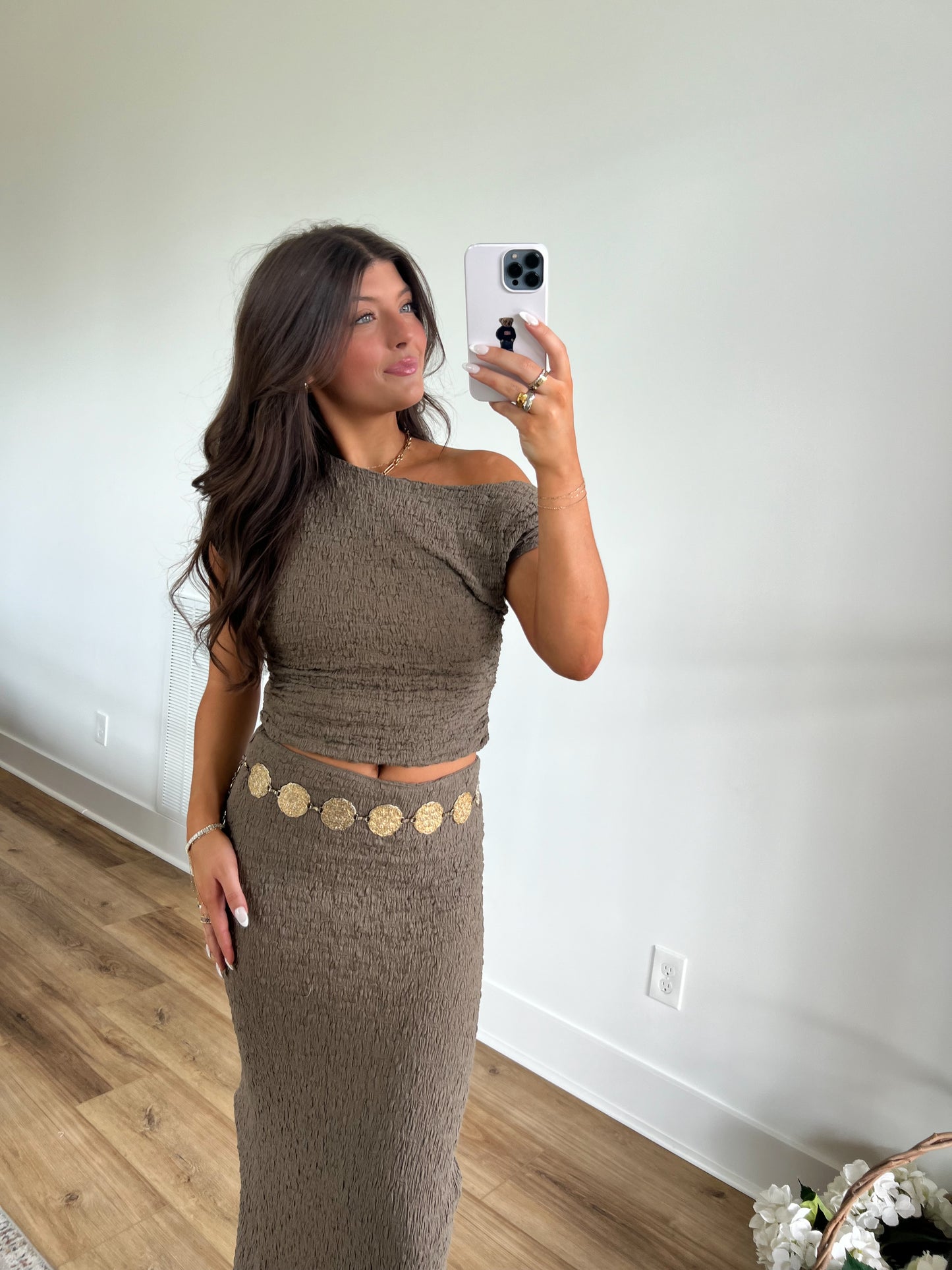 Olive Textured Midi Skirt Set