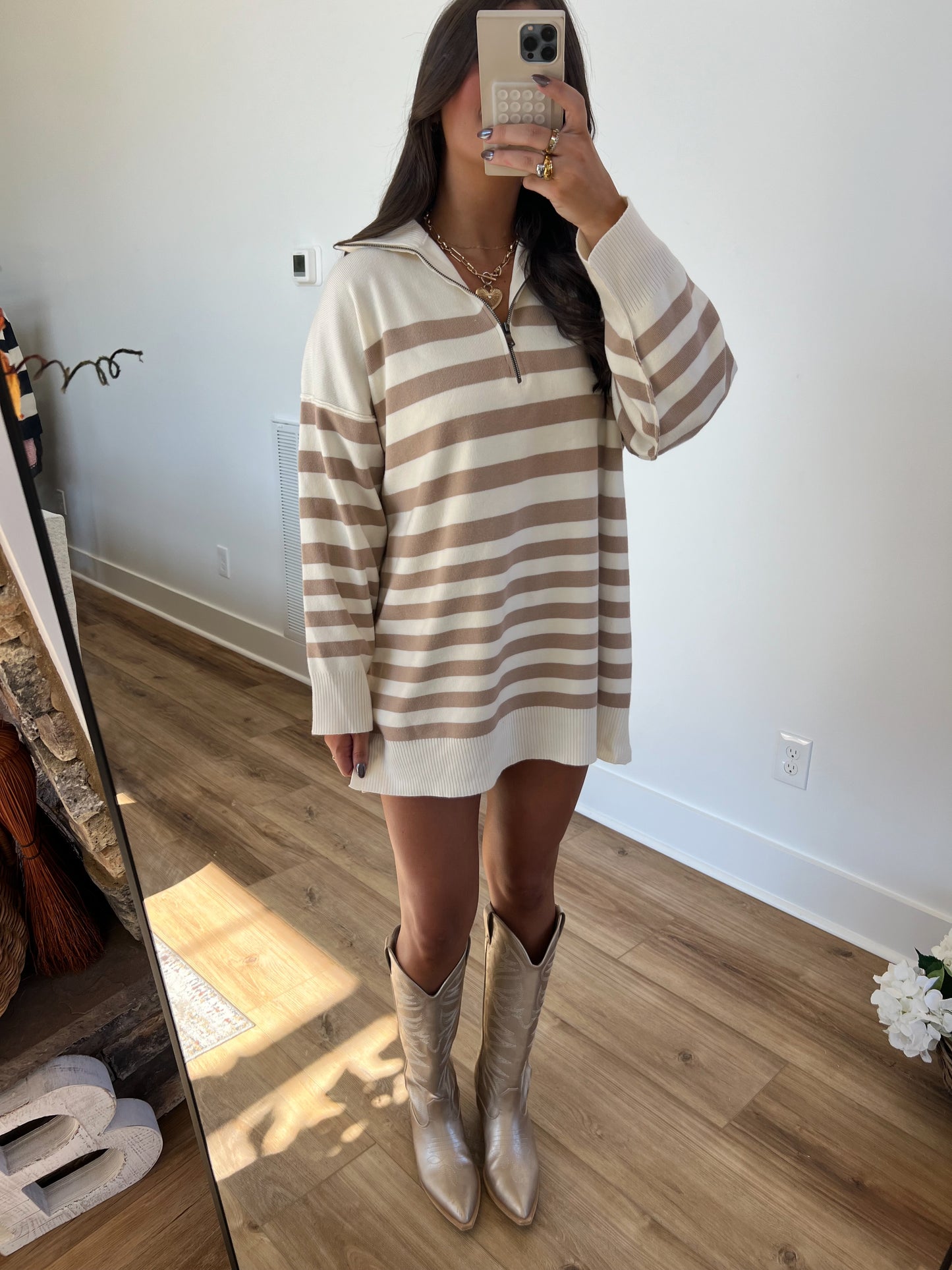 (Cream) Stripe Knit Sweater Dress