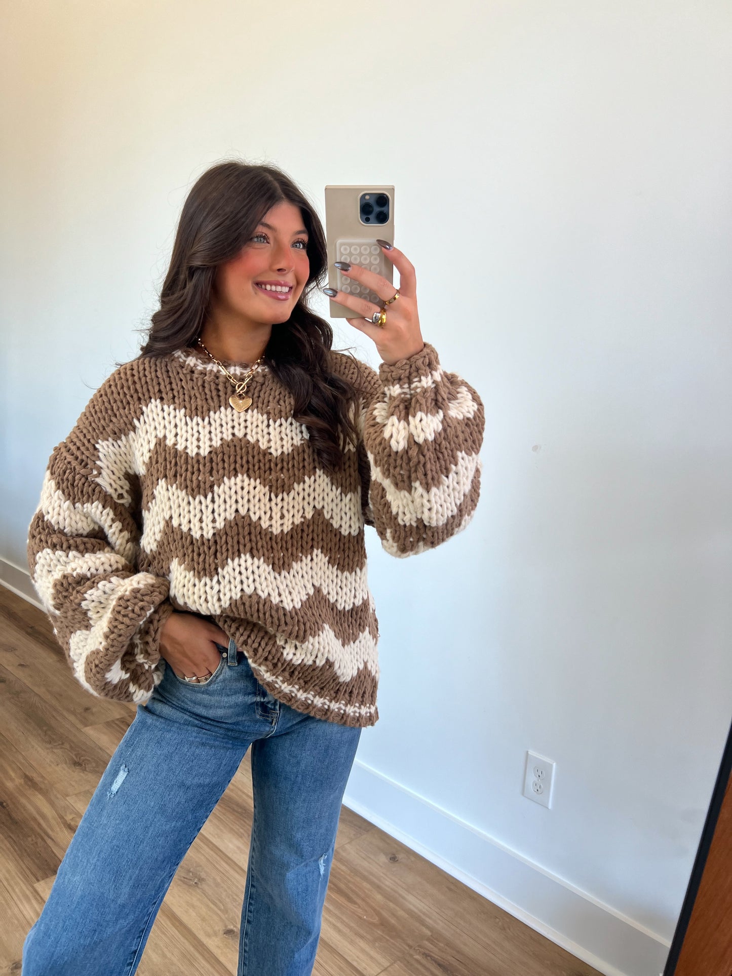 Cheveron Oversized Chunky Knit Sweater (Brown)