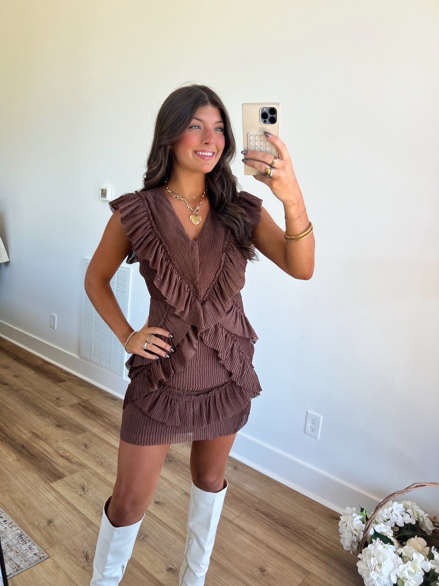 Brown Ruffle Back Cut-Out Mini Dress (Restock)