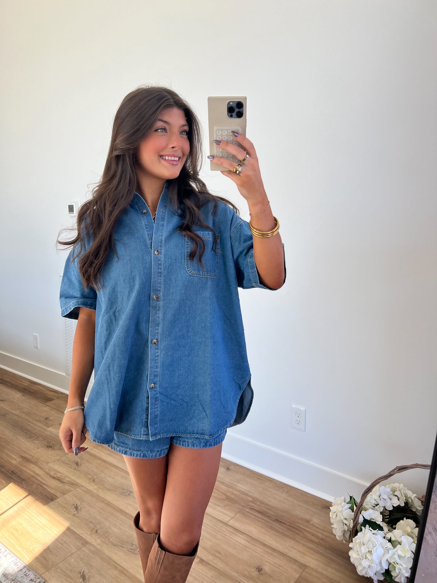 Oversized Button Down Denim Shorts Set (PRE-ORDER/Restock)