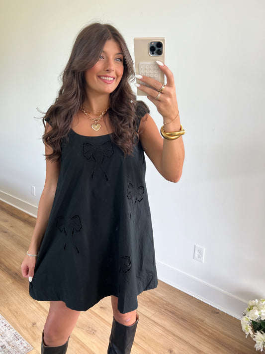 Black Bow Embroidered Mini Dress