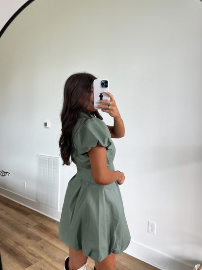 Sage Leather Puff Sleeve Dress