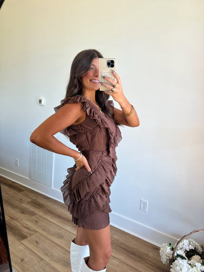 Brown Ruffle Back Cut-Out Mini Dress (Restock)