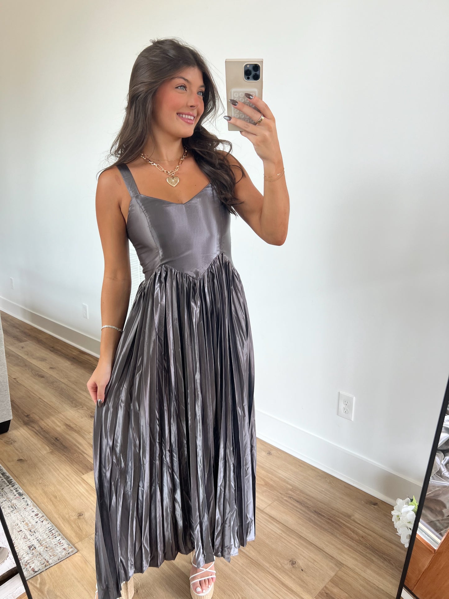 Grey Metallic Pleat Midi Dress