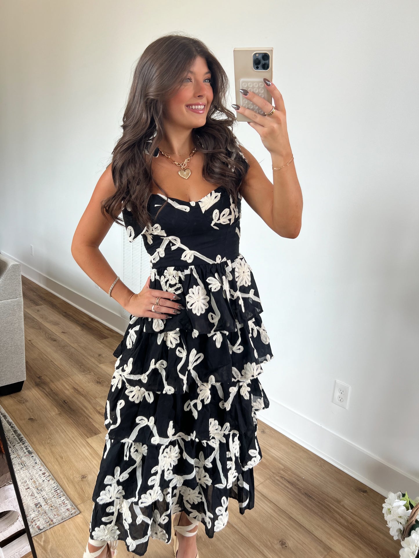 Floral Embroidered Tiered Midi Dress