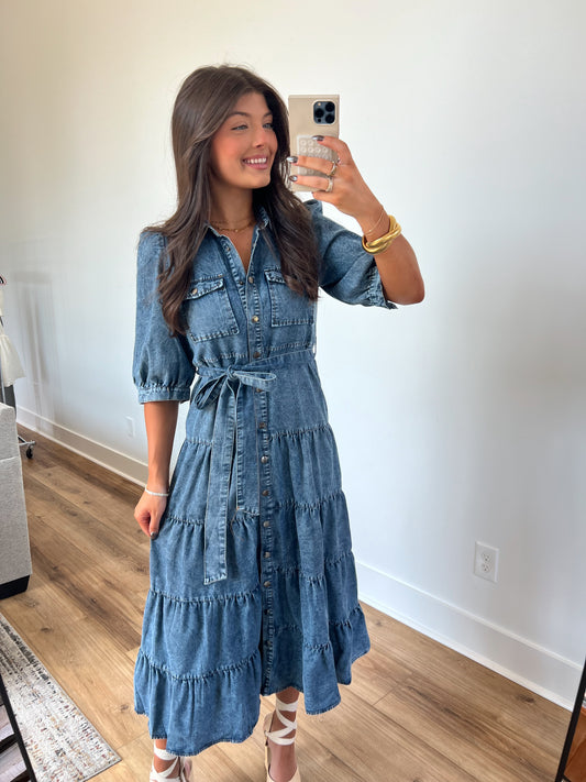 Denim Tiered Midi Dress