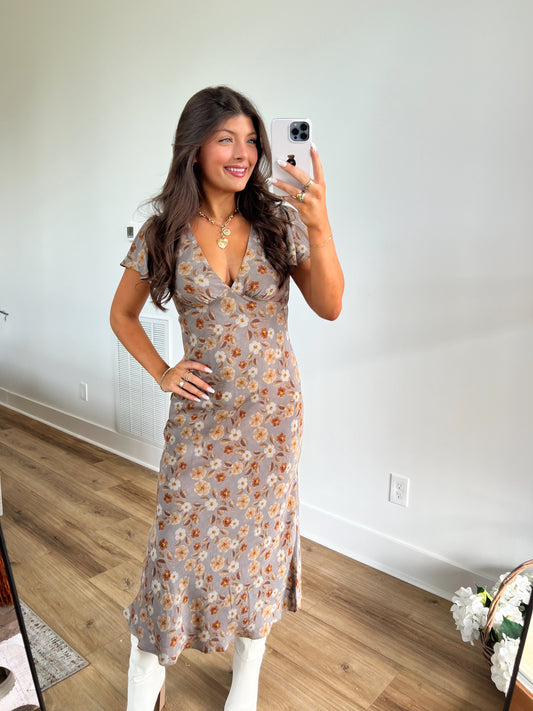 Grey Fall Flower Maxi Dress