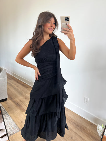 Black One Shoulder Tiered Maxi Dress