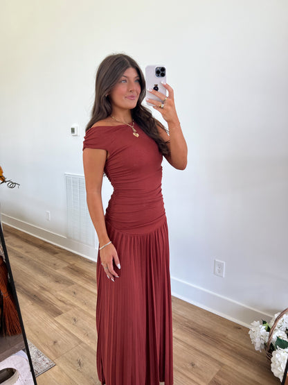 Brick Red One Shoulder Pleated Maxi Dress